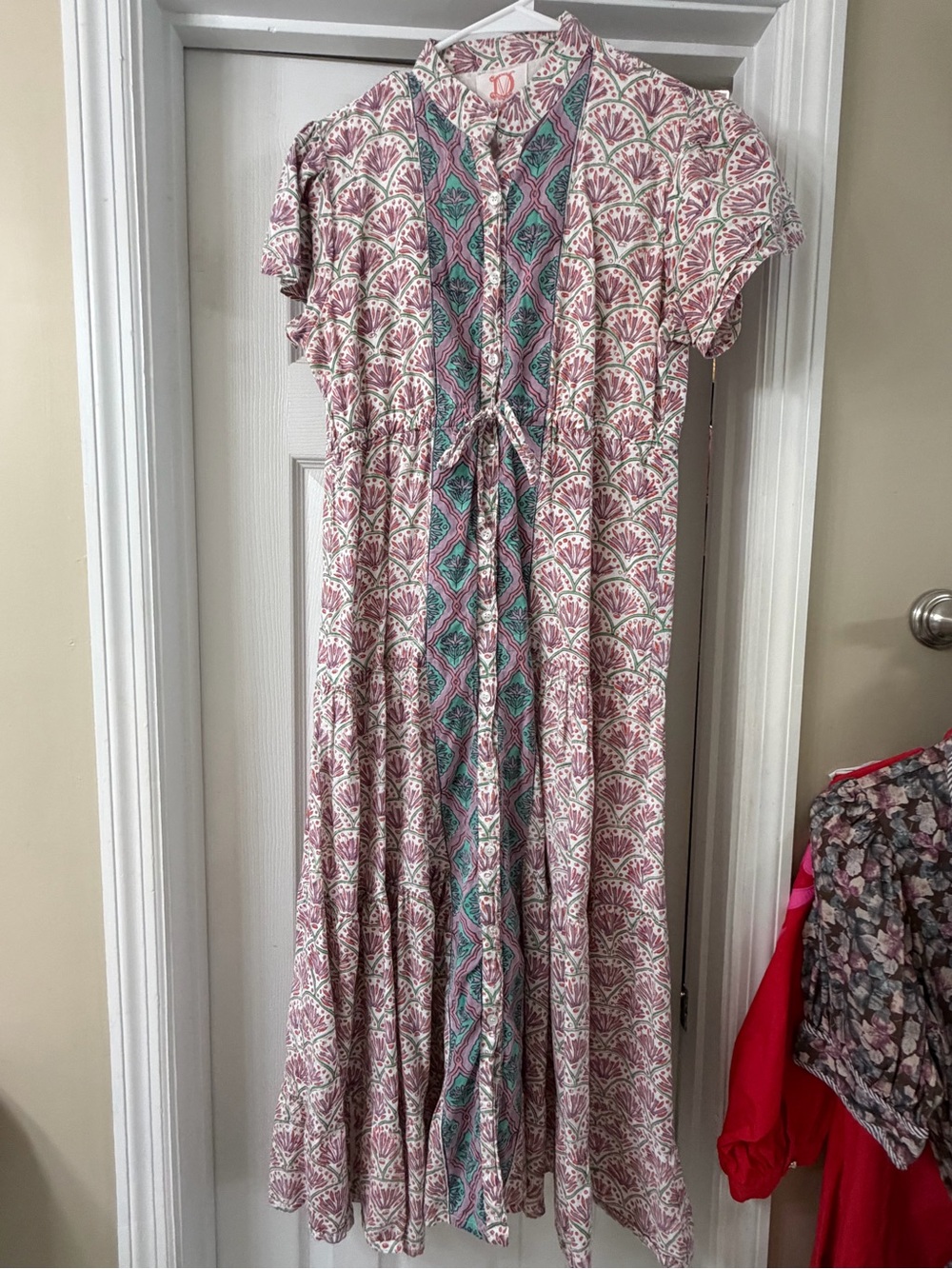 Victoria Dunn Printed Maxi Dress in Pink and Teal